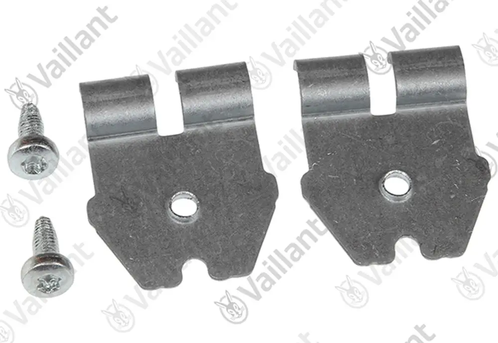 Zwei Metallhalterungen von Vaillant mit jeweils einer Schraube. Die Halterungen haben eine Öffnung in der Mitte und sind zum Befestigen von Komponenten vorgesehen.